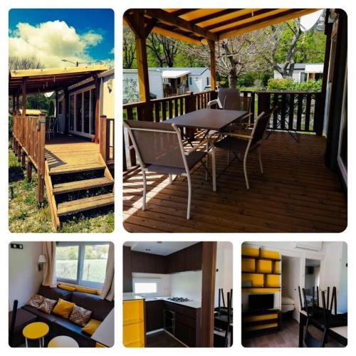 un collage de photos d'une terrasse avec une table et des chaises dans l'établissement Camping du Bourg, à Digne-Les-Bains