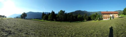 a large grassy field with a house in the background at Schrandl Apartment Penningberg in Hopfgarten im Brixental