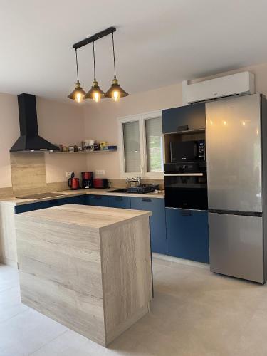 La cuisine est équipée de placards bleus et d'un réfrigérateur en acier inoxydable. dans l'établissement Gite le Perroquet, à Seigy