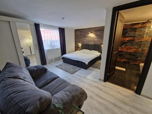 a living room with a couch and a bed at Vila Karina in Teşila