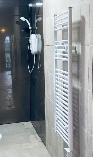 a shower in a bathroom with a shower head on a wall at Brookhaven Lodge in Kilteely