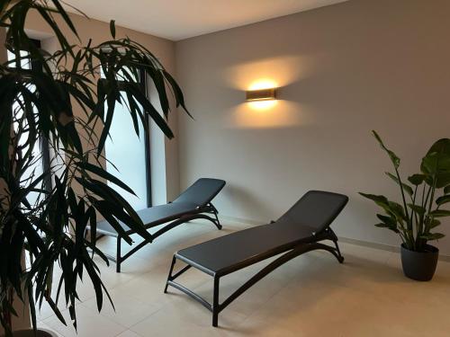 a waiting room with two chairs and a plant at Summit of Saxony Resort Oberwiesenthal in Kurort Oberwiesenthal