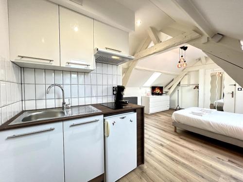 - une cuisine avec évier et un lit dans une chambre dans l'établissement 2 Carteret studio cosy proche centre ville, à Reims