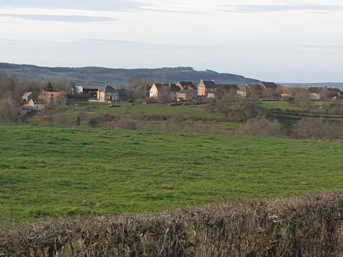 a field of green grass with houses in the background at Gite les champs Darié 3 étoiles in Island