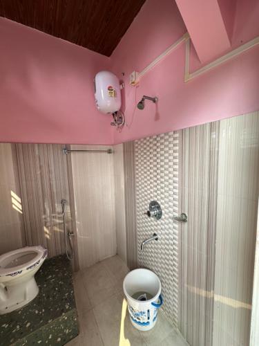 a pink bathroom with a toilet and a shower at SK Luxury Homestay in Sivasagar