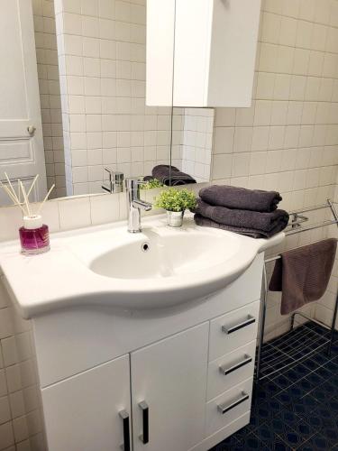 une salle de bain avec un lavabo blanc et un miroir dans l'établissement Maguilon B - Proche Rivière et Vals les bains, à Lalevade-dʼArdèche