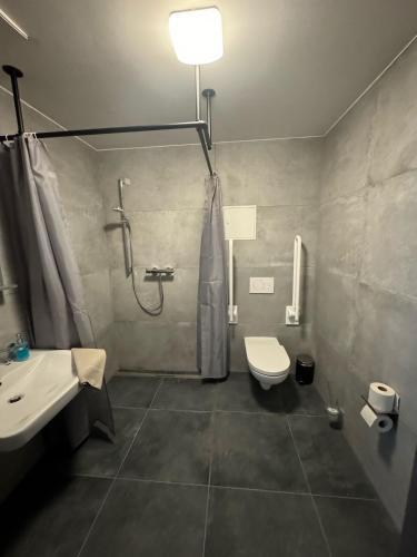 a bathroom with a shower and a toilet and a sink at Pension Meeresluft in Rostock