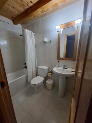 Un baño con un inodoro blanco y un lavabo. en La Serrota Casa Rural, en Navacepedilla de Corneja