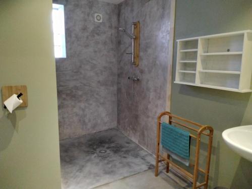 a bathroom with a shower with a blue chair and a sink at Chambre terrasse et parking privés 400 m du marché VALLON in Vallon-Pont-dʼArc