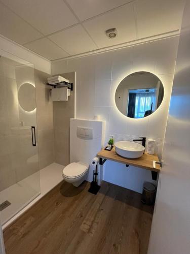 a bathroom with a toilet and a sink and a mirror at Aparthotel Bahia Pinosol in Jávea
