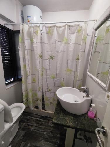 a bathroom with a sink and a shower curtain at Hotel Livia in Tirana