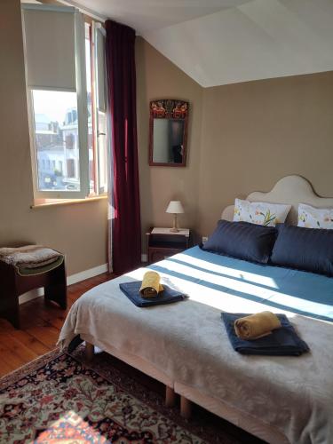 une chambre avec un grand lit avec des serviettes dessus dans l'établissement T2 SUR LES PLACES, à Arras