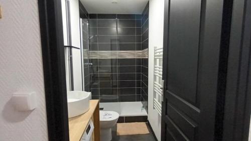une salle de bain avec toilettes, lavabo et douche dans l'établissement studio 19M2 proche de Vulcania, à La Celle-sous-Gouzon