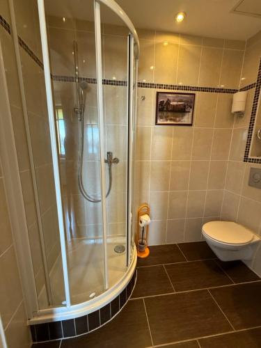 a bathroom with a shower and a toilet at Pension am Tiefen See in Potsdam