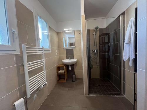 a bathroom with a shower and a sink at Poggio Mezzana T2 climatisé avec jardin proche mer in Poggio-Mezzana
