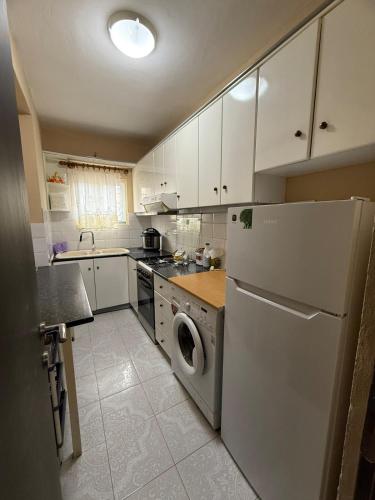a kitchen with a white refrigerator and a dishwasher at 2 bedroom flat in shënvasil in Shënvasi