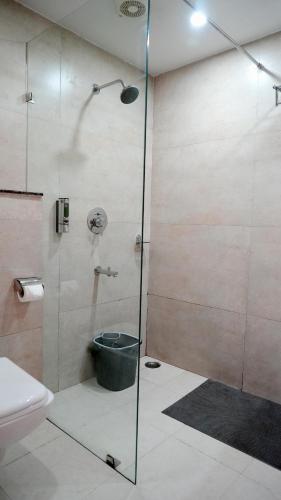 a bathroom with a glass shower with a toilet at Hotel Skyking in Dehradun