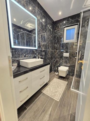 a bathroom with a sink and a toilet and a mirror at Villa Alexandros in Pogradec