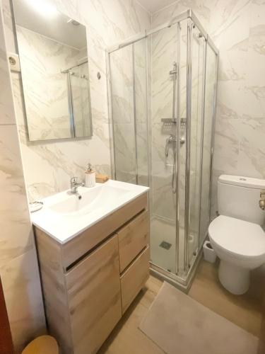 a bathroom with a shower and a sink and a toilet at Pousadinha de Paradela in Paradela