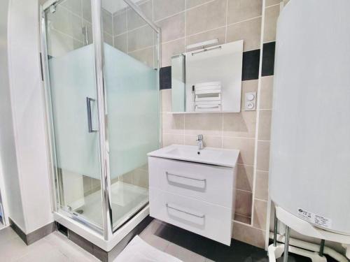 a bathroom with a shower and a sink and a mirror at Rue de Reims super T3 tout équipé et parking privé in Bétheny