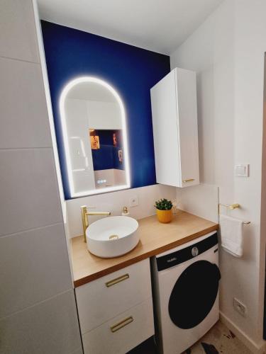 une salle de bain avec un lavabo et un miroir dans l'établissement Appartement Village Naturiste Paradoxe, au Cap d'Agde