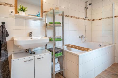a bathroom with a sink and a toilet and a shower at Ferienhaus Hedrich in Gülzow