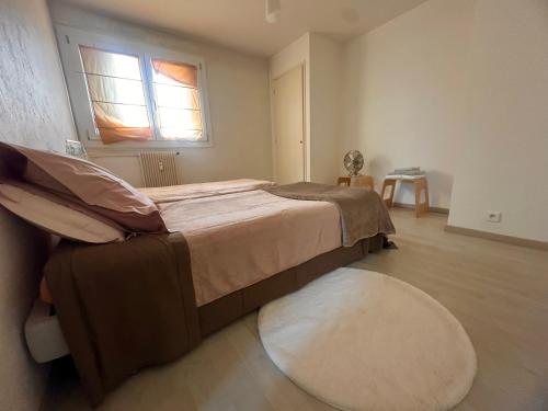 une chambre avec un grand lit et une fenêtre dans l'établissement AGENCIA appartement 2 chambres LE CORFOU, à Cannes