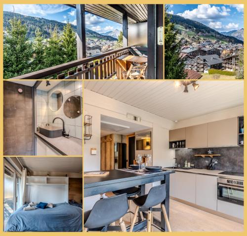 un collage de photos d'une cuisine et d'une maison dans l'établissement La Grange Neuve I T1 I Les Gets, aux Gets