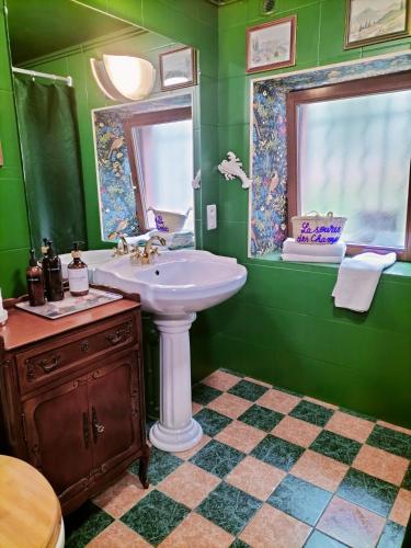 La salle de bains verte est pourvue d'un lavabo et d'un miroir. dans l'établissement les hortensias La Souris Des Champs, à Étival-Clairefontaine