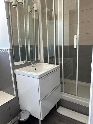 a bathroom with a white sink and a shower at Aglaé Touquin, 25 min Disney in Touquin