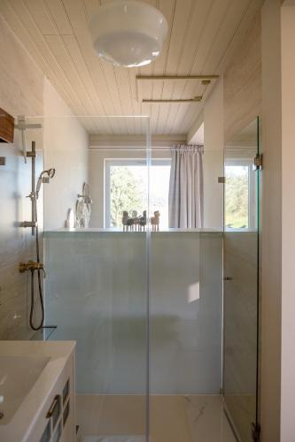 a bathroom with a shower and a glass shower stall at Belavista Villages in Riba Douro