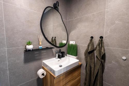 ein Badezimmer mit Waschbecken und Spiegel in der Unterkunft Apartmán LEON - FREE GARAGE PARKING in Bratislava