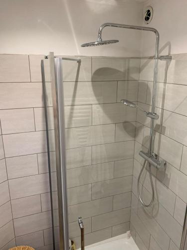 une douche avec une porte vitrée dans une salle de bain dans l'établissement Rdc de ma maison dans un joli village Provençal, 15 mins d'Aix en Pce, open space joliment rénové, à Fuveau