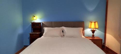 a bedroom with a large white bed with a blue wall at Statek Kloubek in Chabičovice