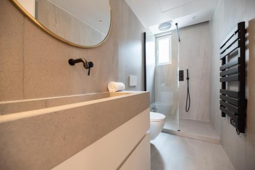 une salle de bain avec un lavabo, des toilettes et un miroir dans l'établissement 1 Bedroom Flat - Crémieux, Bastille, à Paris