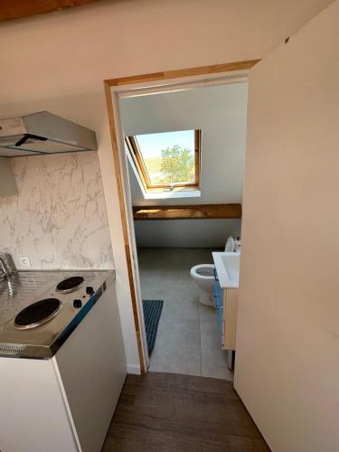 Il comprend une cuisine équipée d'une cuisinière et d'un évier. dans l'établissement Charmante studette chez l'habitant, à Poissy