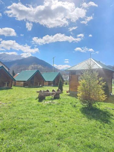 a group of animals in a field next to buildings at Konaci Očeva Zemlja Vikendica i Bungalovi in Mojkovac