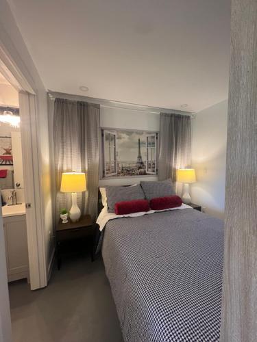 a bedroom with a large bed with two red pillows at Window to Paris Studio on Lake Conroe in Montgomery