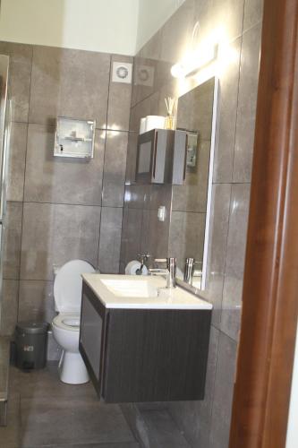 a bathroom with a sink and a toilet at Aether Family Retreat in Chaïdeftón
