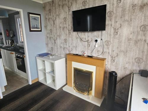 a living room with a fireplace with a television on the wall at Inviting 2-Bed Chalet in Mablethorpe in Mablethorpe