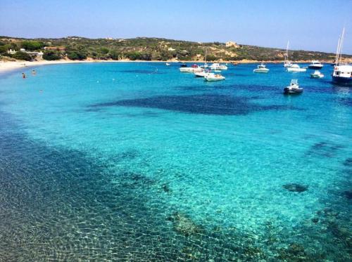 a group of boats in the water near a beach at Cozy studio immersed in the countryside in La Maddalena