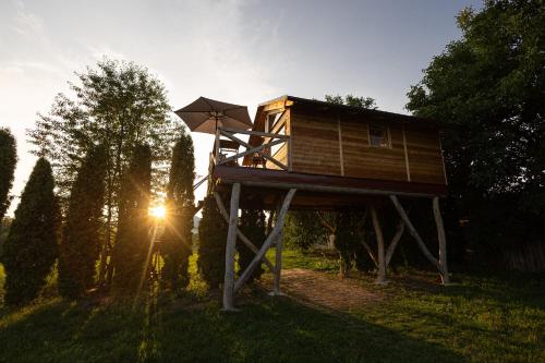 a tree house with an umbrella in the grass at Ptačí domek in Úštěk