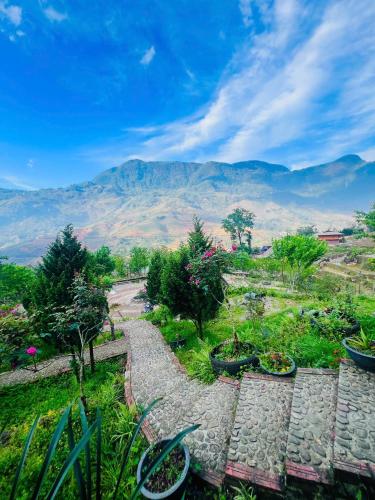 a garden with plants and mountains in the background at Táo Tày House in Sa Pa