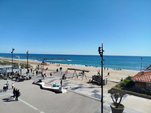 un groupe de personnes sur une plage près de l'océan dans l'établissement Plage, commerces et animations pour ce T2 avec parking privatif -5AT30, à Saint Cyprien Plage