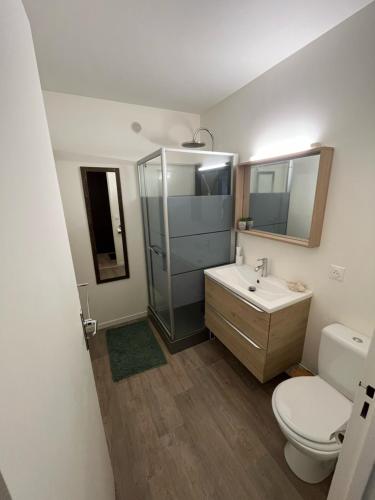 une salle de bain avec toilettes, lavabo et douche dans l'établissement Les Tulipiers, à Nantes