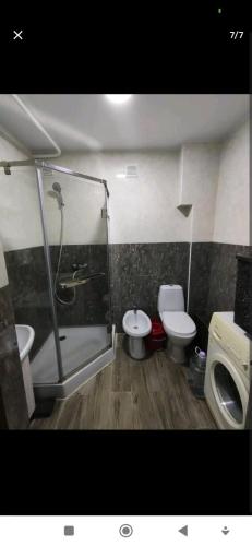 a bathroom with a shower and a toilet and a sink at Central Park Rose Valley Rooms Комнаты у Парка Долина Роз in Chişinău