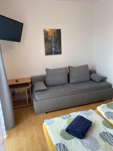 a living room with a couch and a tv at Penzion U Jandů in Běhařov