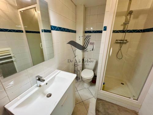 une salle de bain avec une douche, un lavabo et des toilettes dans l'établissement Maëlle - Studio situé en plein centre-ville, à Rochefort