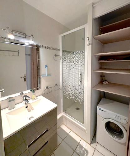 La salle de bains est pourvue d'un lavabo, d'une douche et d'un lave-linge. dans l'établissement Superbe vue Appartement 4 à 6 personnes front de mer 6FLOTB79, au Barcarès