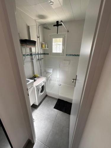 une salle de bain avec une machine à laver et un lavabo dans l'établissement Appartement T2 Six Fours Cap Negre,1 mn à pied de la mer, à Six-Fours-les-Plages